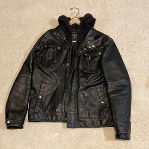 Brando style, Black leather jacket with hoodie. Real Leather